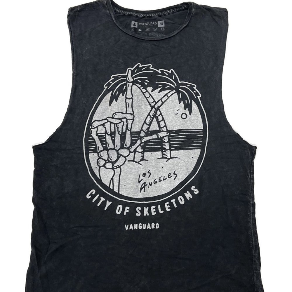 Vanguard Fashion Tank Top Shirt Mens Medium Black USA Made Cotton Beach Skeleton